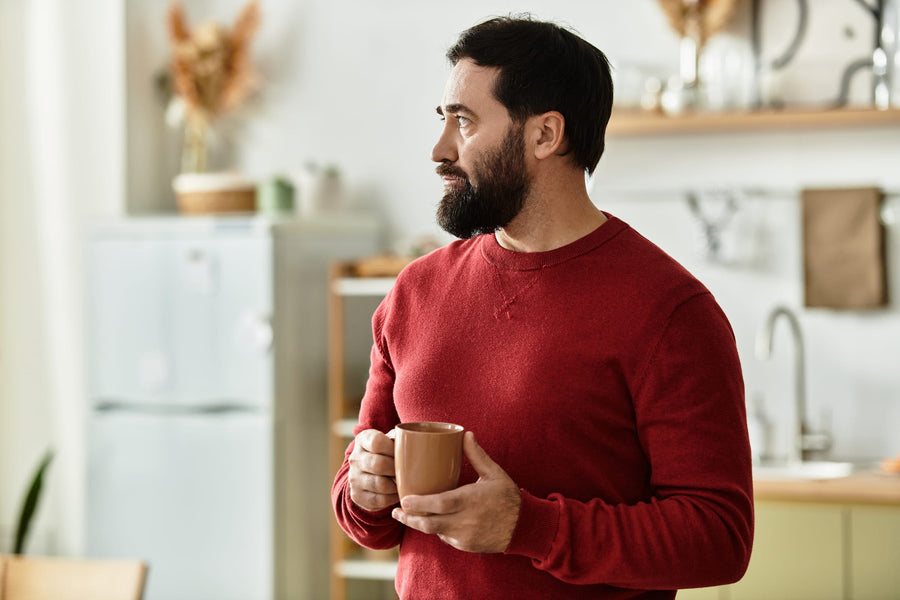 Confident man in his forties at home in a bright kitchen — representative of patients in ZuvoMed's clinician-supervised men's sexual health program.
